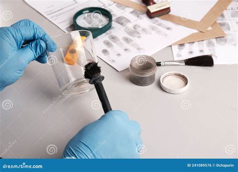 Forensic Fingerprint Analysis Criminalist Woman Collects Latent