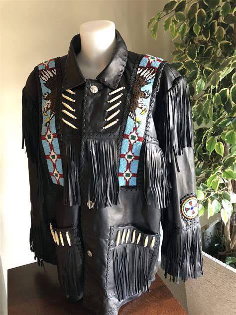 Mens Black Pow Wow Leather Fringed And Beaded Jacket Etsy Canada