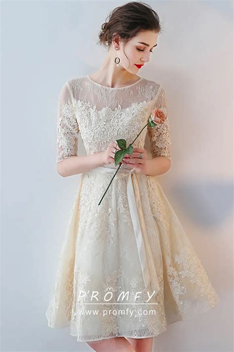 Champagne Lace Half Sleeves Knee Length Party Dress Promfy