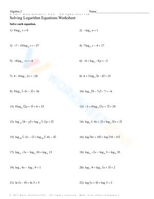 Free Printable Solving Logarithmic Equations Worksheets