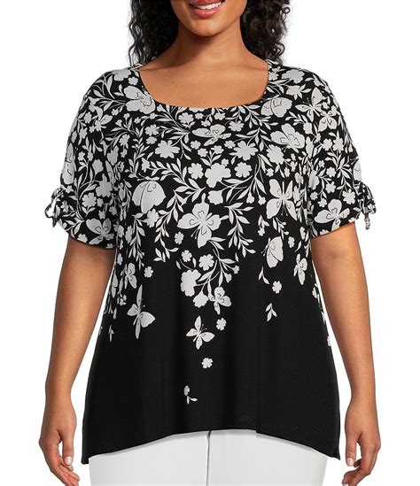 Allison Daley Plus Size Butterfly Print Short Tie Sleeve Scoop Neck