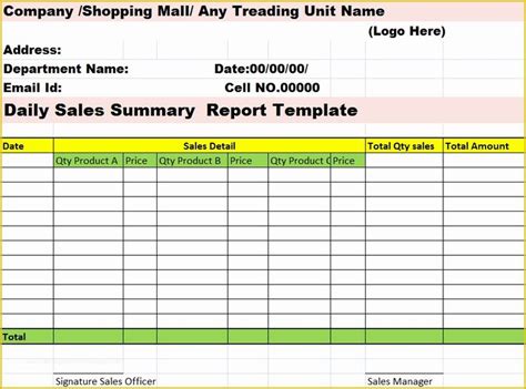 Daily Sales Report Template Excel Free