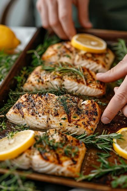 Premium Photo Chef Preparing Grilled Fish Filet In Creamy Lemon