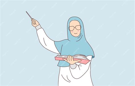 Premium Vector Teacher In Hijab And Glasses Teaches At The Blackboard Illustration Of A