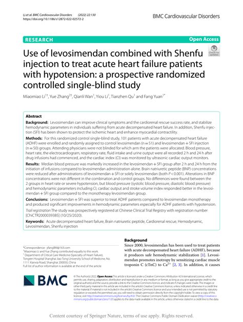 Pdf Use Of Levosimendan Combined With Shenfu Injection To Treat Acute