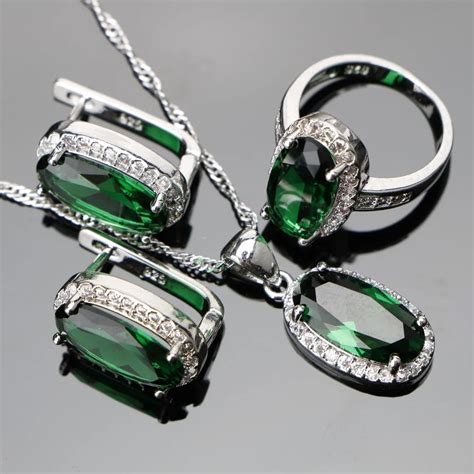 Green Zircon Women Silver 925 Costume Wedding Jewelry Sets Pendant