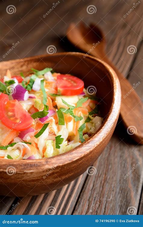 Chinese Cabbage Salad With Carrot Red Onion And Apples Stock Photo