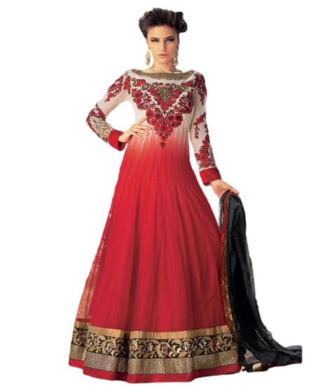 Pinkshink Red And White Long Anarkali Dress Material Buy Pinkshink Red