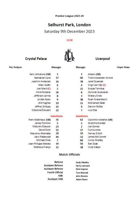 Feuille D Quipe Non Officielle Crystal Palace V Liverpool