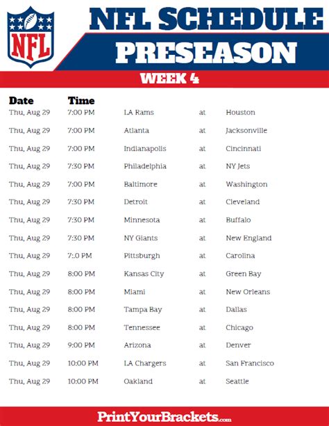 Nfl Weekly Schedule Printable Free