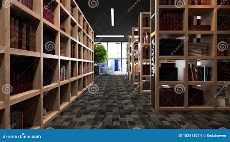 Modern Library Interior With Bookshelves. Cartoon Vector ...