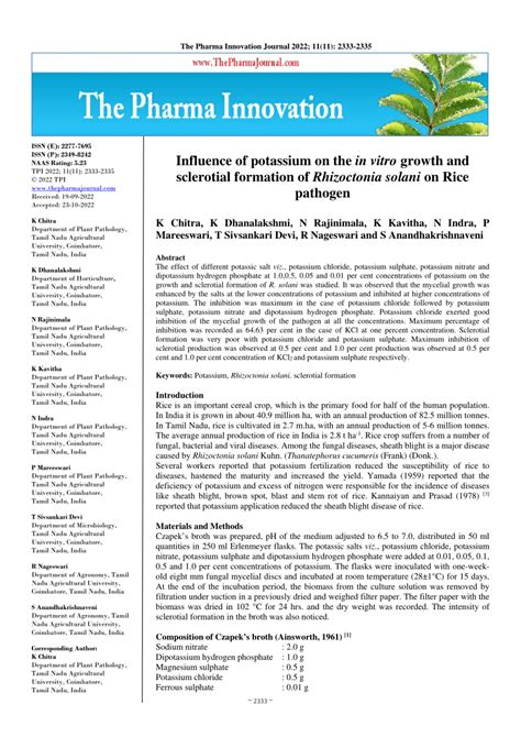 Pdf Influence Of Potassium On The In Vitro Growth And Sclerotial