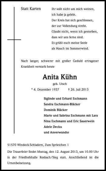 Traueranzeigen von Anita Kühn WirTrauern