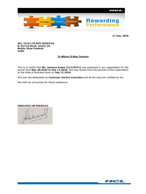 hcl tech employee certification letter