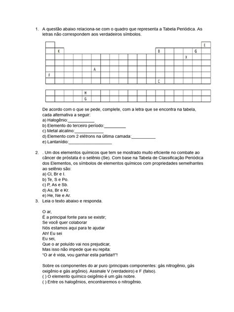 Questões De Tabela Periódica - Questões sobre Tabela Periódica e Elementos | PDF | Tabela periódica ...