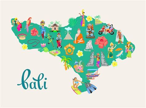 Premium Vector Cute Cartoon Map Of Bali Island Indonesia Flat Design