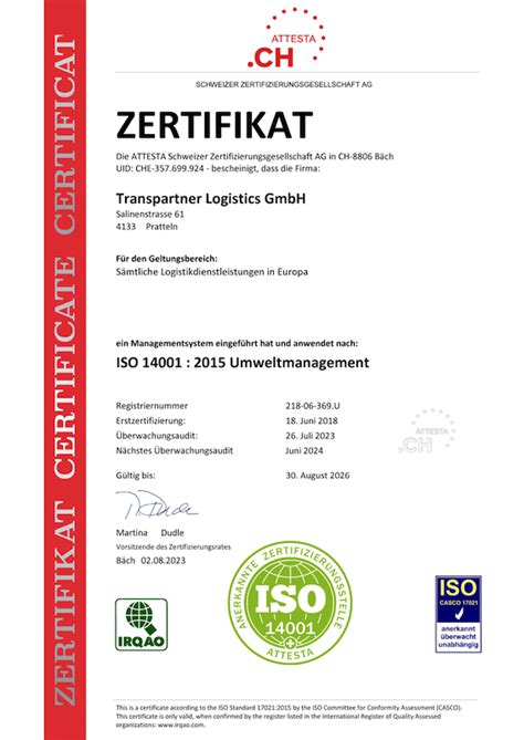 Verlängerung der ISO Zertifikate Transpartner Logistics GmbH