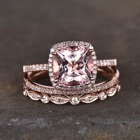 9mm Cushion Cut Morganite Engagement Ring Rose Gold Morganite Etsy