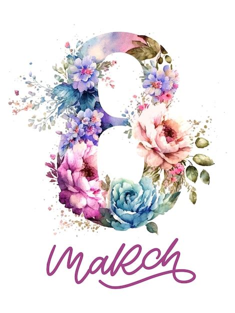 Premium Vector March Happy Womens Day Watercolor Flowers Lettering