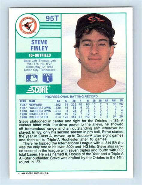 1989 Score Rookie Traded Steve Finley Rookie Baltimore Orioles 95T