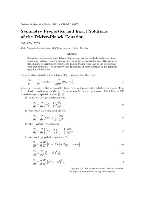 Pdf Symmetry Properties And Exact Solutions Of The Fokker Planck Equation