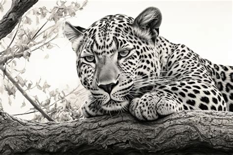 Premium AI Image | A black and white drawing of a leopard on a branch.