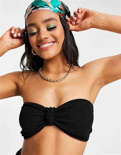 Asos Design Mix And Match Crinkle Knot Front Bandeau Bikini Top In Black Asos