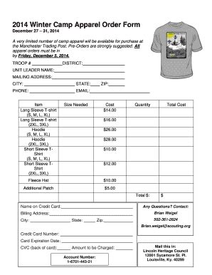 Fillable Online 2014 Winter Camp Apparel Order Form Fax Email Print