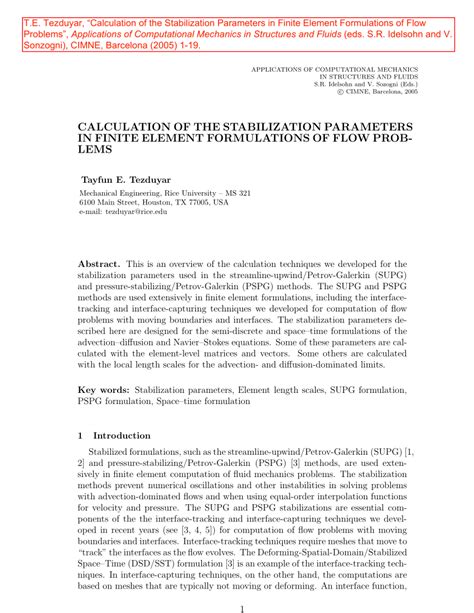 Pdf Calculation Of The Stabilization Parameters In Finite Element