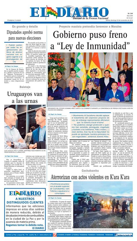 Portadas De Periódicos De Bolivia Del Domingo 24 De Noviembre De 2019 Eju Tv