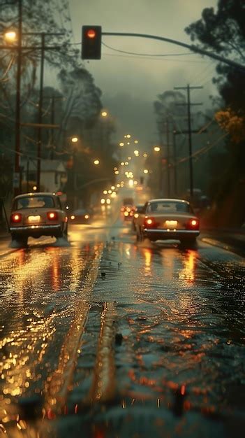 Premium Photo Two Cars Are Driving Down A Wet Street With The Lights On