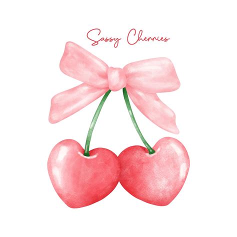 Red coquette heart cherries with pink ribbon bow aesthetic watercolor