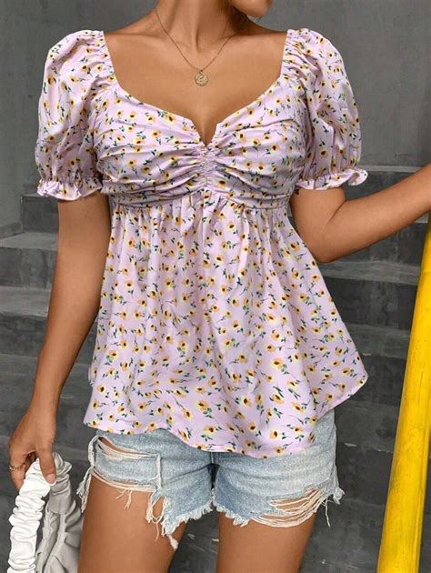 Shein Qutie Ditsy Floral Print Ruched Bust Puff Sleeve Peplum Blouse