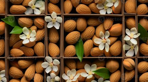 Freshly picked Almond fruit from garden placed in the boxes. Generative ...