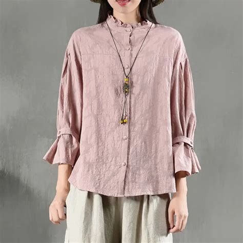 Mferlier Women Blouses Ruffles Collar Jacquard Long Flare Sleeve Elegant Autumn Smart Casual ...