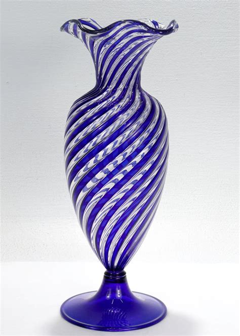 Mid Century Modern Venetian Murano Blue And White Swirl Italian Art Glass Vase For Sale At 1stdibs