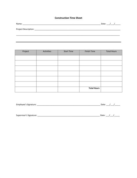 Free Printable Construction Timesheet Template