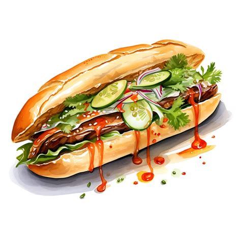 Premium Ai Image Watercolor Of A Delightful Banh Mi Sandwich Highlighting Its Beauty Painting