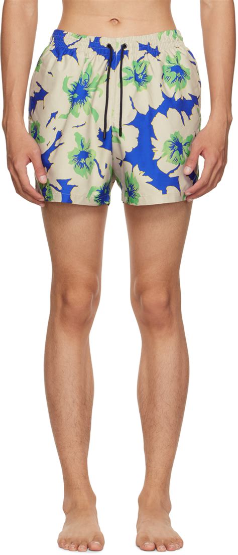 Dries Van Noten Blue And Beige Floral Swim Shorts Ssense Canada