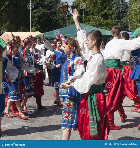 Vinnitsa, Ukraine - May 22, 2018: Boys and Girls in Folk Costumes Dance