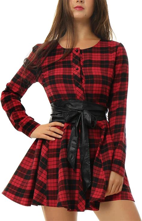 Allegra K Women S Plaids Long Sleeves Button Down Belted Party Mini A