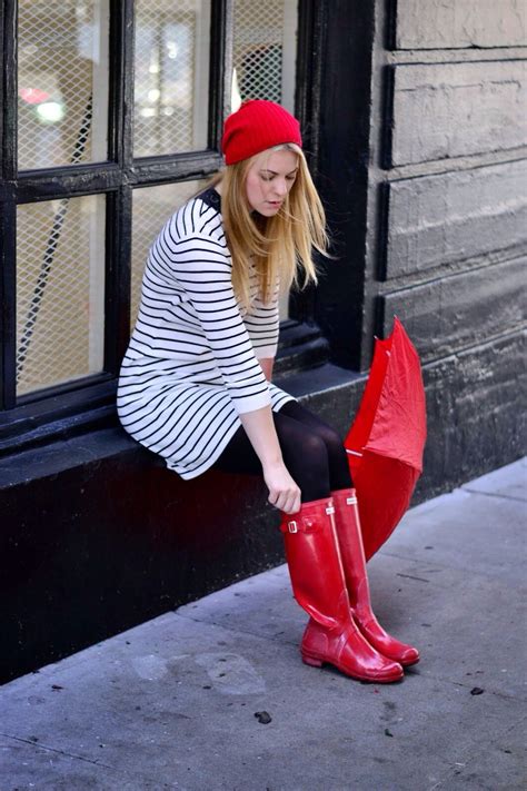 Red Rainy Boots With A Striped Dress Hunter Outfit Rainy Day Fashion