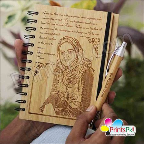 Customize Photo Engraved Wood Diary With Name Engraved Pen