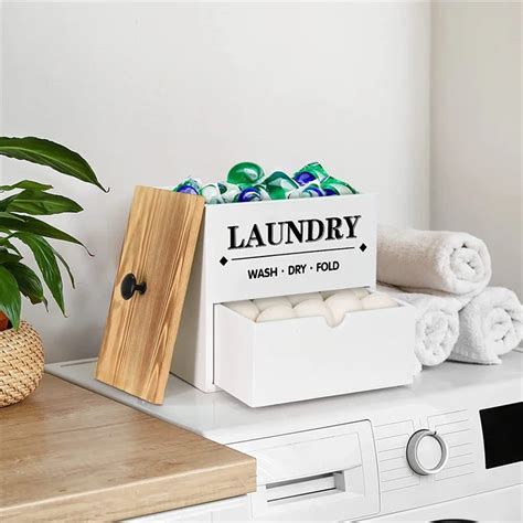 Dryer Sheet Holder With Drawer And Lid Wood Laundry Pod And Dryer Sheet