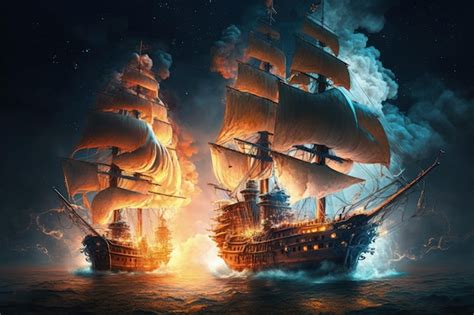 Premium Photo Ships On Fire In Medieval Battleships Pirate Ships