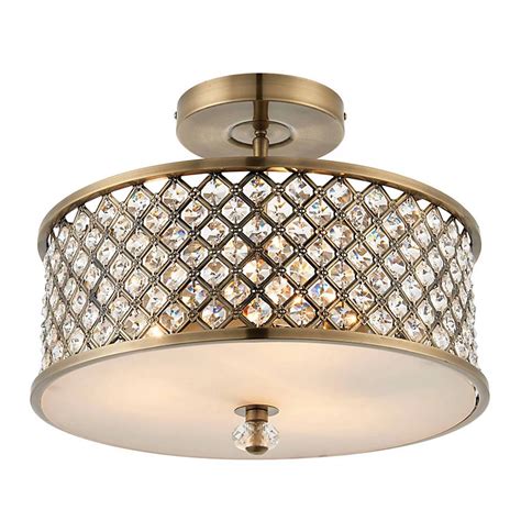 Jenson Antique Brass With Clear K5 Crystal Glass Drops Decorative 3 Light Semi Flush Ceiling