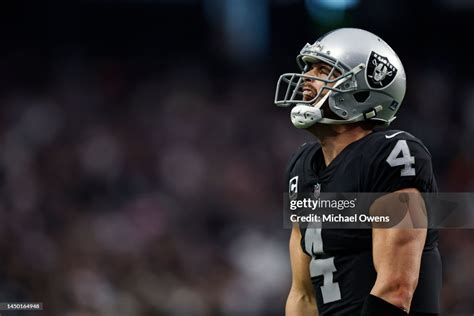 Derek Carr Of The Las Vegas Raiders Celebrates After Passing For A