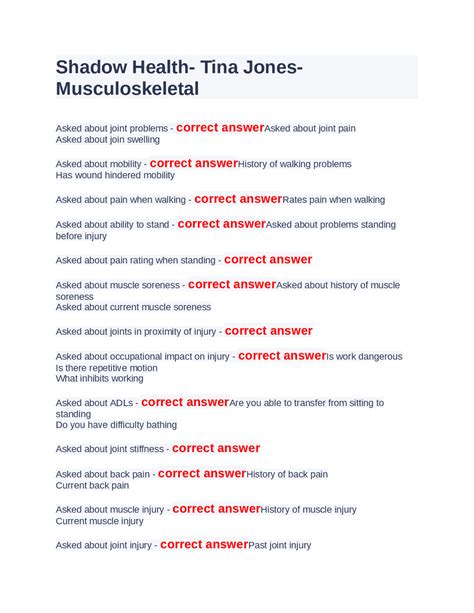 Musculoskeletal Assessment Of Tina Jones Exams Nursing Docsity