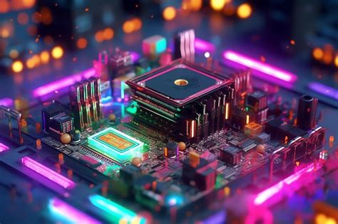 Um Computador Luzes Neon E Uma Placa De Circuito O Processador