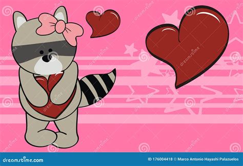 Cute Kawaii Raccoon Cartoon Valentine Background Postal Card Stock